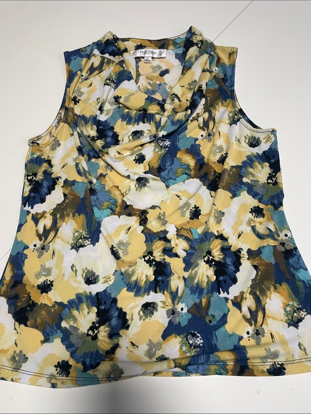 Jones New York Yellow and Blue Floral Sleeveless Cowl Neck Camisole